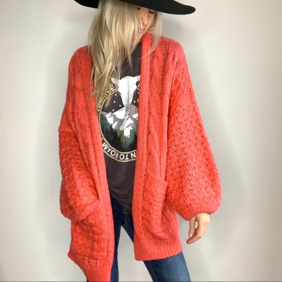 easel Sweaters - Easel Coral Oversized Knit Sweater Cardigan Pocket